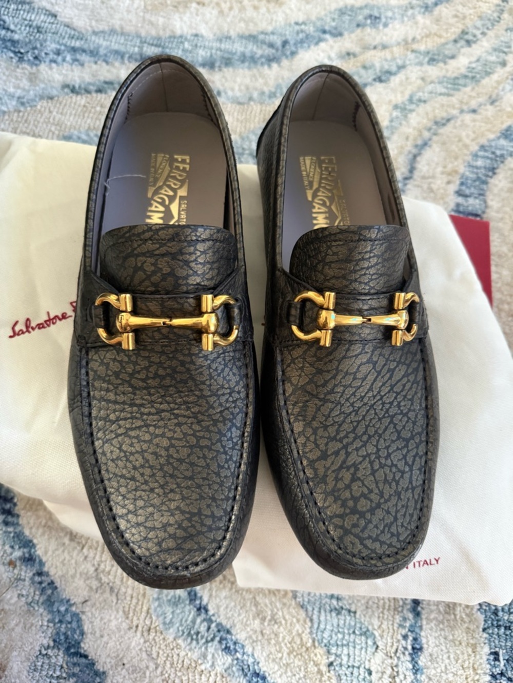 Salvatore Ferragamo Black Textured Leather Loafers with Gold Bit